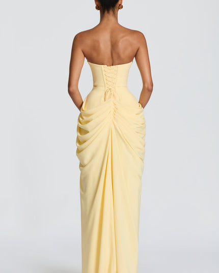 Women's Strapless Satin Corset Cocktail Maxi Dress with Split