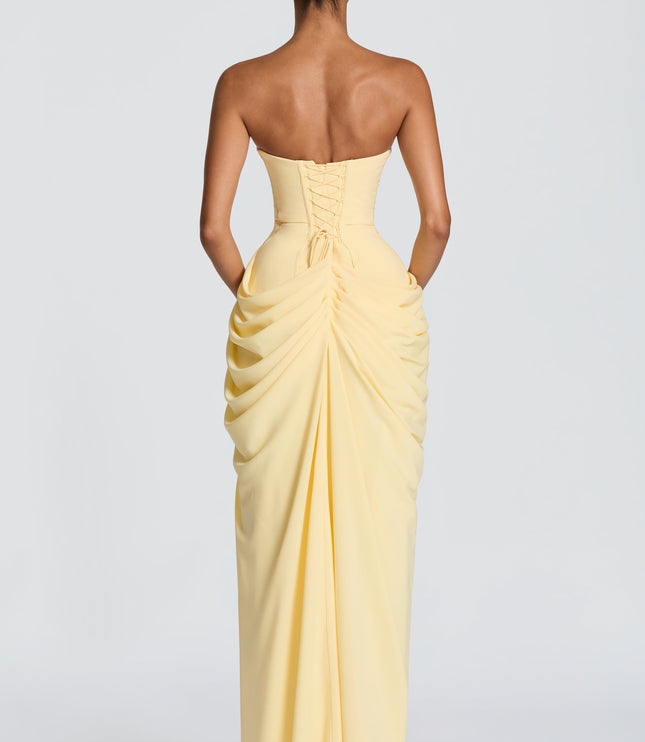 Women's Strapless Satin Corset Cocktail Maxi Dress with Split