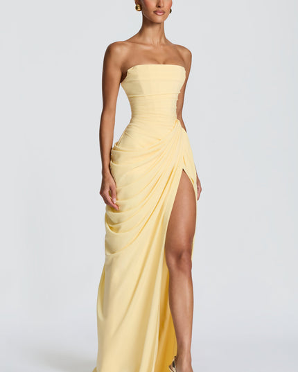 Women's Strapless Satin Corset Cocktail Maxi Dress with Split