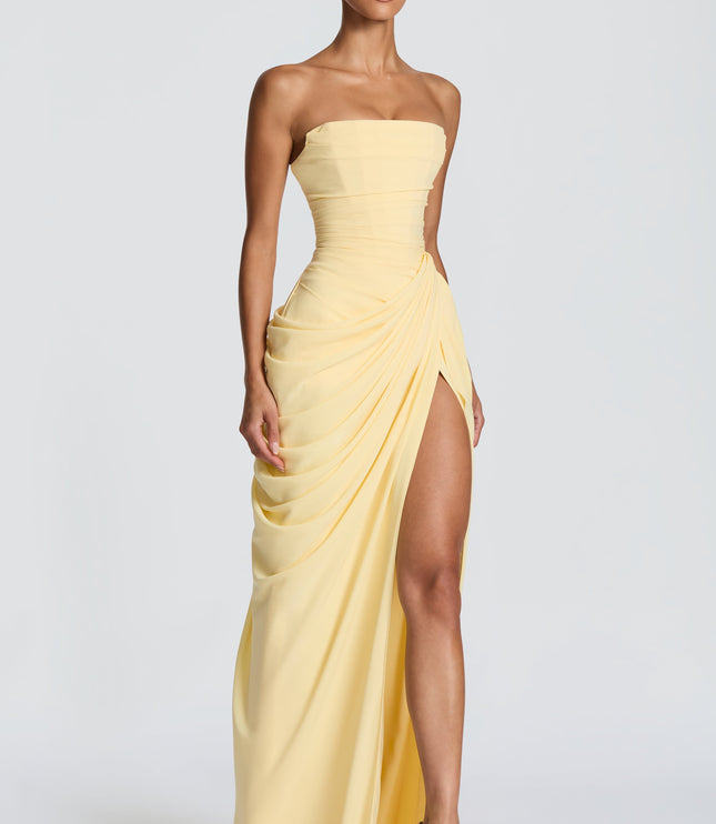 Women's Strapless Satin Corset Cocktail Maxi Dress with Split