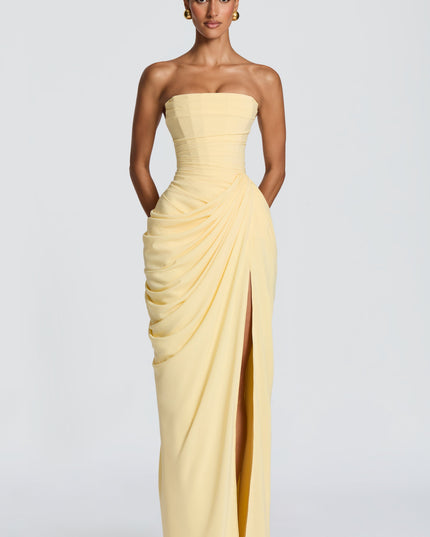 Women's Strapless Satin Corset Cocktail Maxi Dress with Split