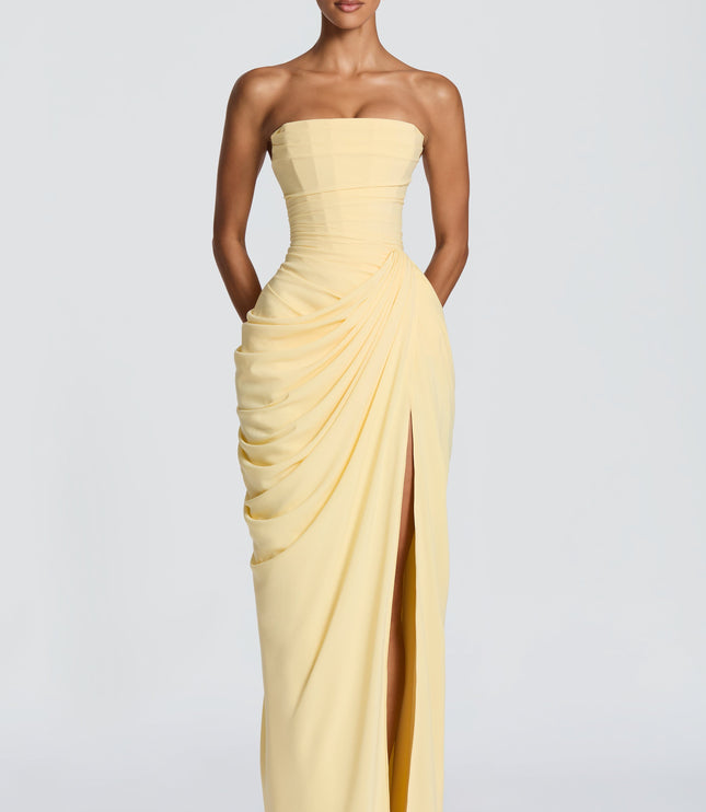 Women's Strapless Satin Corset Cocktail Maxi Dress with Split