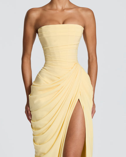 Women's Strapless Satin Corset Cocktail Maxi Dress with Split