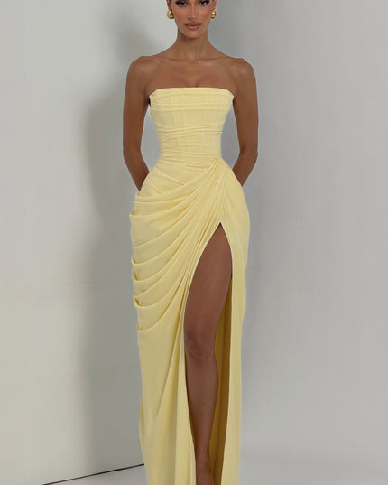 Women's Strapless Satin Corset Cocktail Maxi Dress with Split