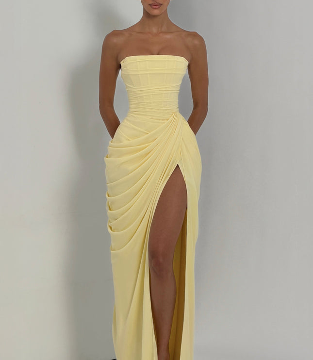 Women's Strapless Satin Corset Cocktail Maxi Dress with Split