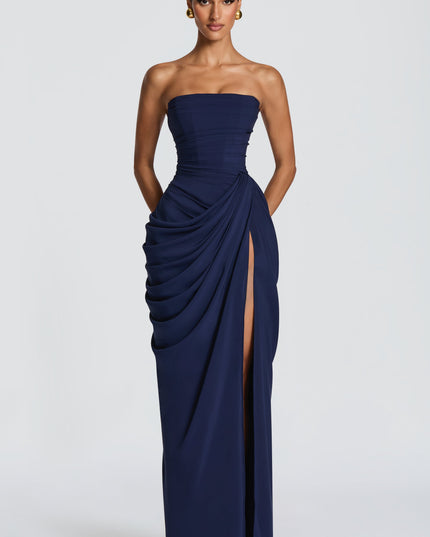 Women's Strapless Satin Corset Cocktail Maxi Dress with Split