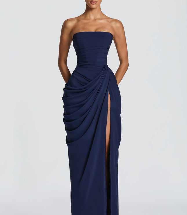 Women's Strapless Satin Corset Cocktail Maxi Dress with Split