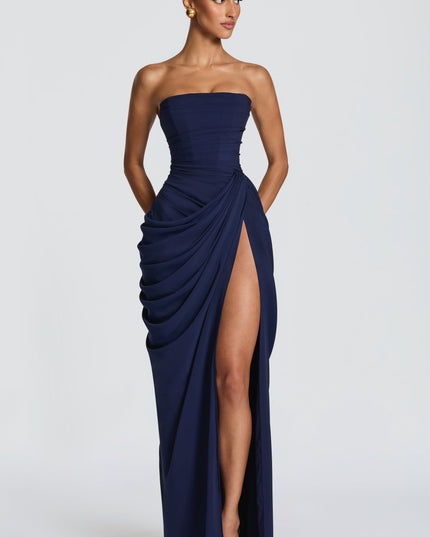 Women's Strapless Satin Corset Cocktail Maxi Dress with Split