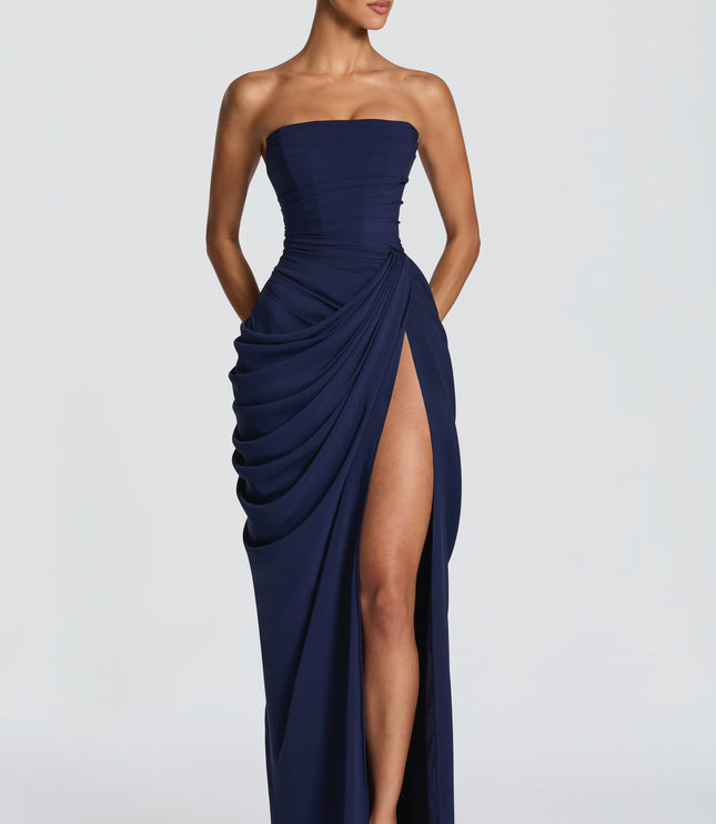 Women's Strapless Satin Corset Cocktail Maxi Dress with Split
