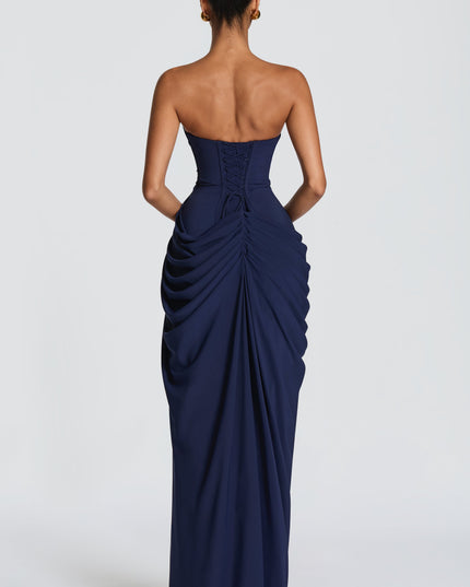 Women's Strapless Satin Corset Cocktail Maxi Dress with Split
