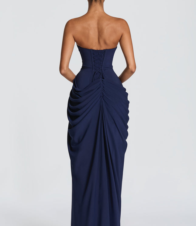 Women's Strapless Satin Corset Cocktail Maxi Dress with Split
