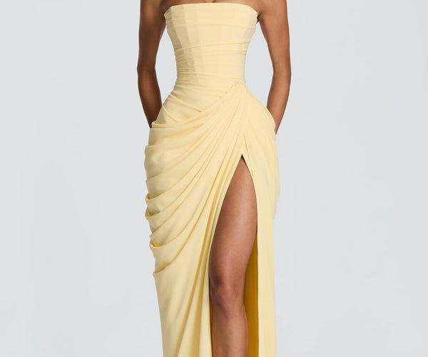 Women's Strapless Satin Corset Cocktail Maxi Dress with Split - Butter Yellow / L - Fashion