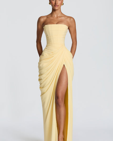 Women's Strapless Satin Corset Cocktail Maxi Dress with Split