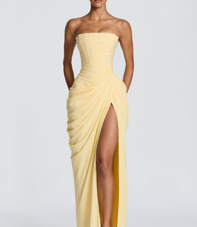 Women's Strapless Satin Corset Cocktail Maxi Dress with Split