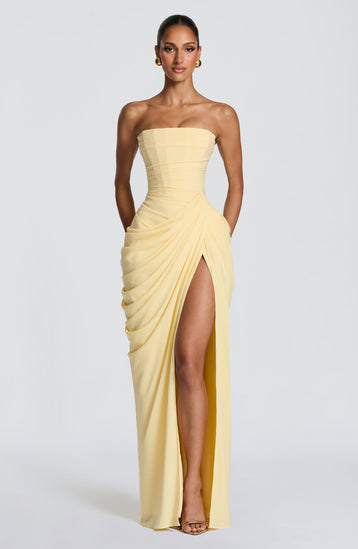 Women's Strapless Satin Corset Cocktail Maxi Dress with Split