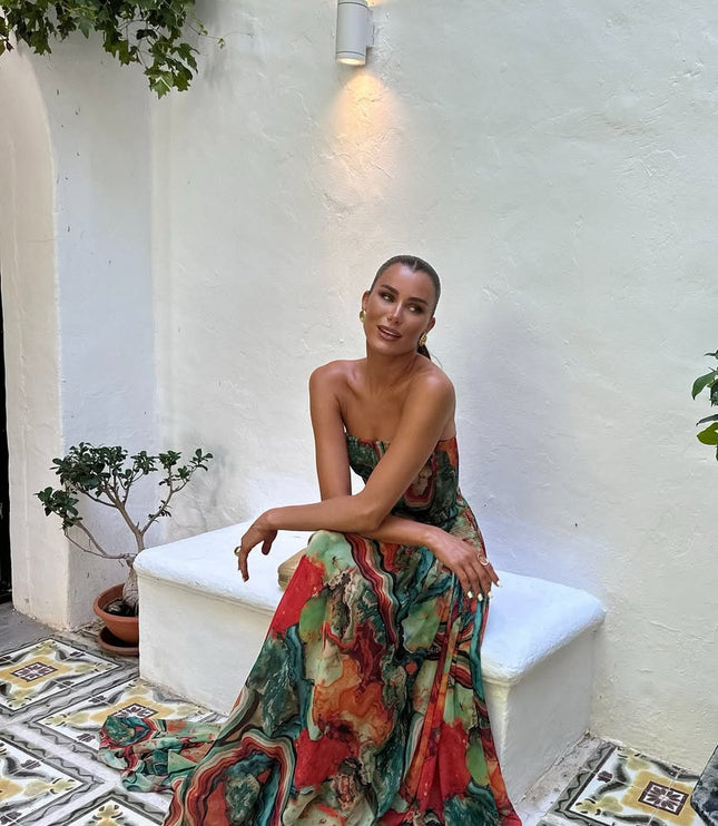 Women's Strapless Watercolour Print Maxi Dress
