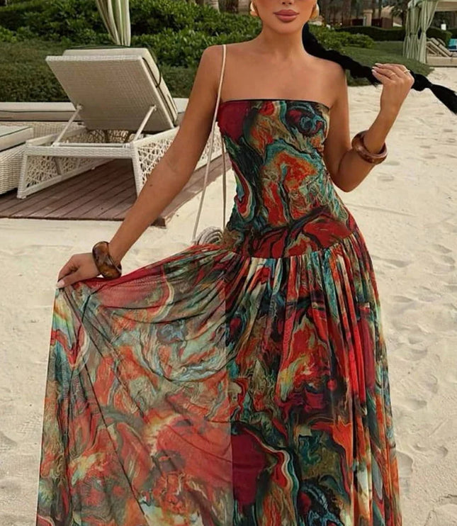 Women's Strapless Watercolour Print Maxi Dress