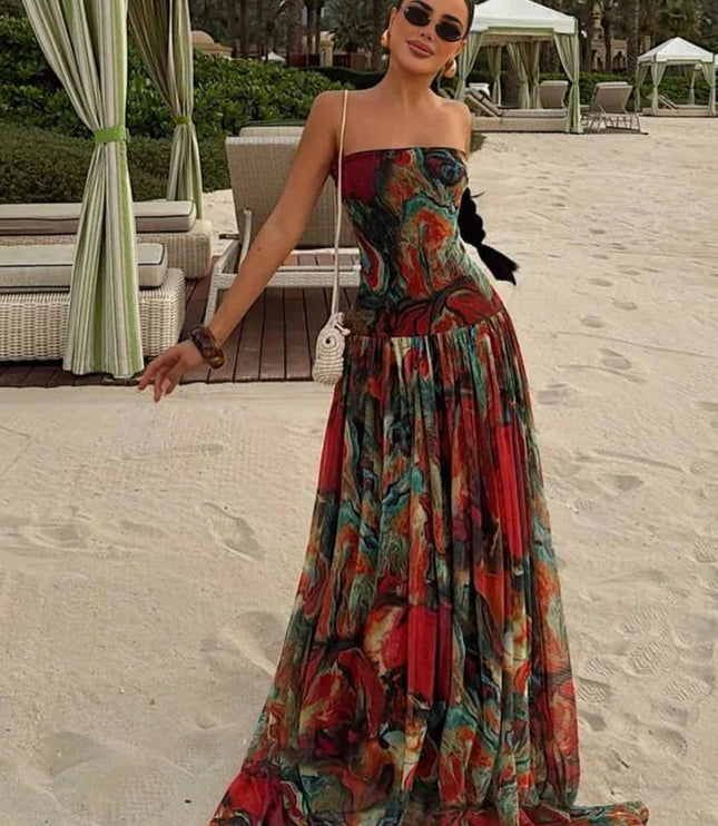 Women's Strapless Watercolour Print Maxi Dress