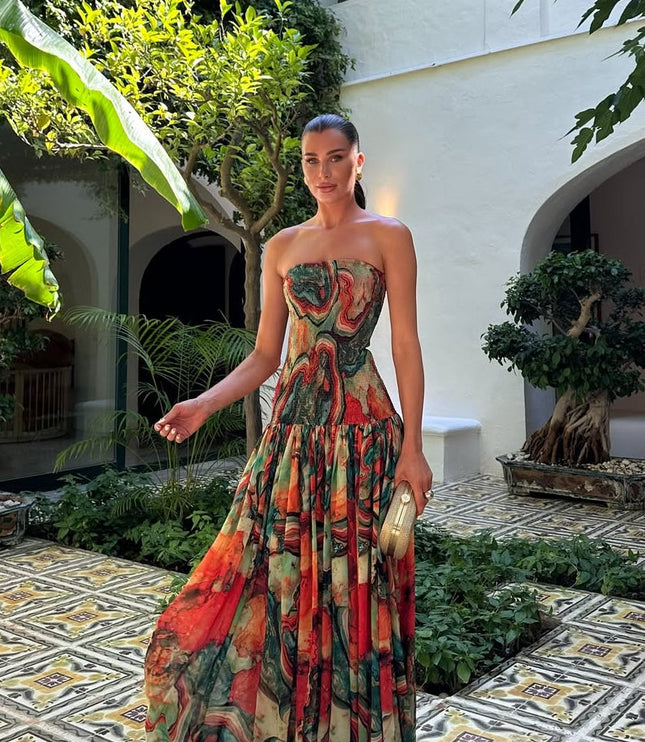 Women's Strapless Watercolour Print Maxi Dress
