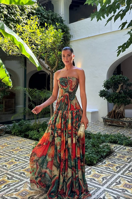 Women's Strapless Watercolour Print Maxi Dress
