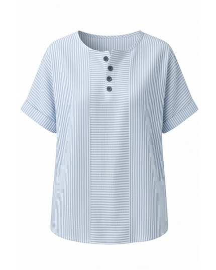 Women's Striped Henley Top with Short Sleeve Cuffs