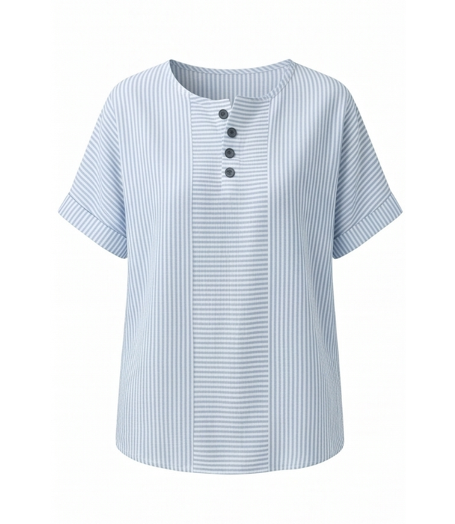 Women's Striped Henley Top with Short Sleeve Cuffs