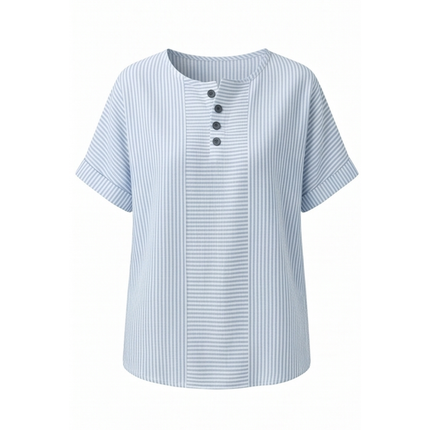 Women's Striped Henley Top with Short Sleeve Cuffs