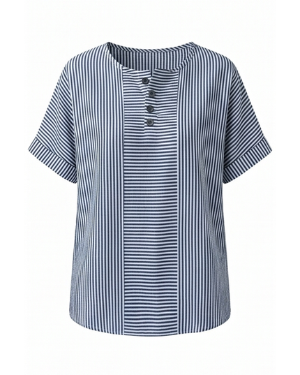 Women's Striped Henley Top with Short Sleeve Cuffs