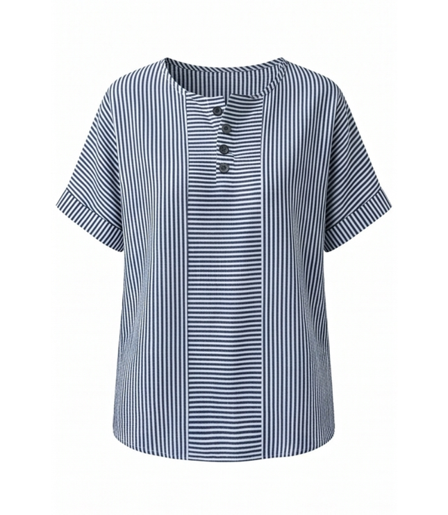 Women's Striped Henley Top with Short Sleeve Cuffs