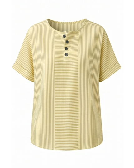 Women's Striped Henley Top with Short Sleeve Cuffs