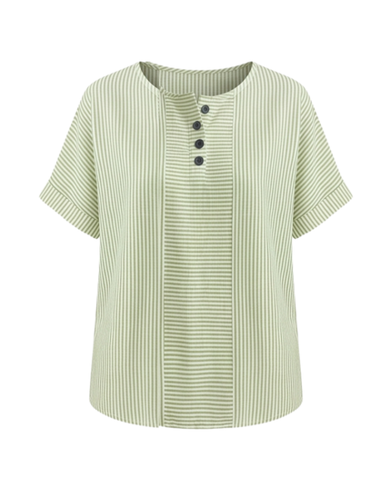 Women's Striped Henley Top with Short Sleeve Cuffs
