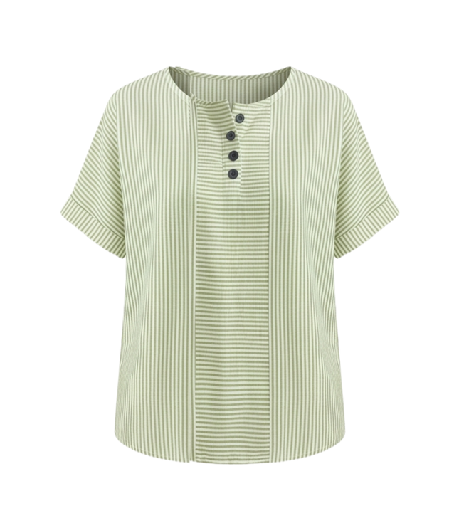 Women's Striped Henley Top with Short Sleeve Cuffs