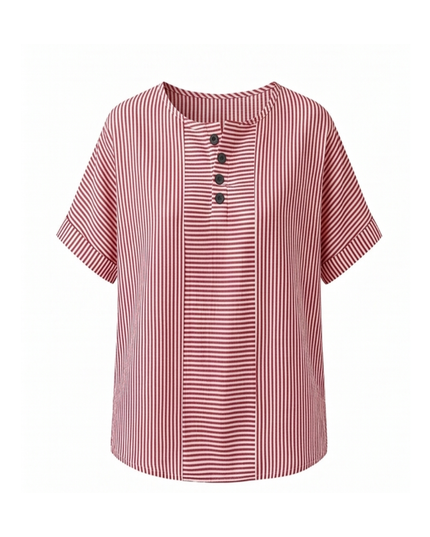Women's Striped Henley Top with Short Sleeve Cuffs
