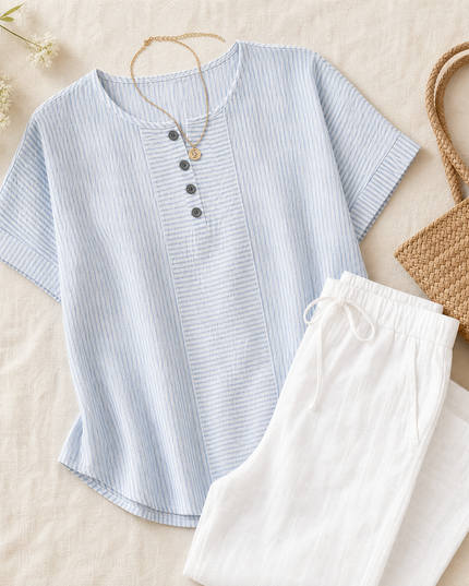 Women's Striped Henley Top with Short Sleeve Cuffs