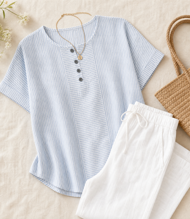 Women's Striped Henley Top with Short Sleeve Cuffs