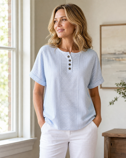 Women's Striped Henley Top with Short Sleeve Cuffs