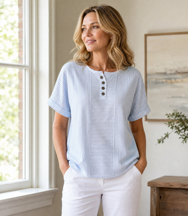 Women's Striped Henley Top with Short Sleeve Cuffs