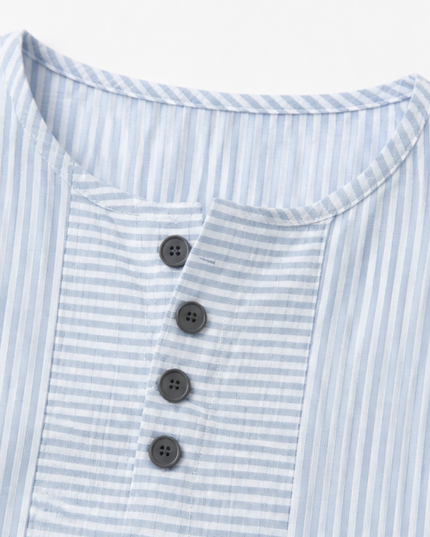 Women's Striped Henley Top with Short Sleeve Cuffs