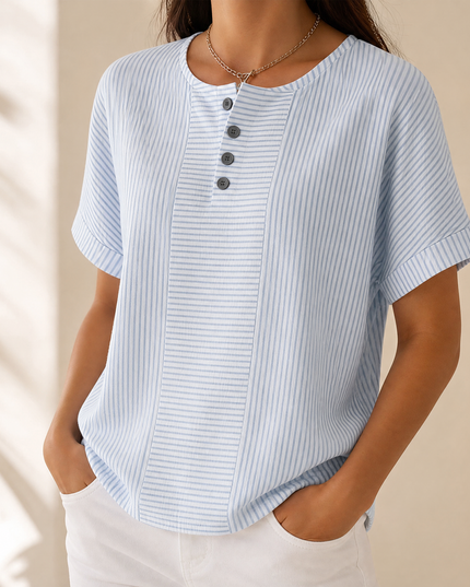 Women's Striped Henley Top with Short Sleeve Cuffs