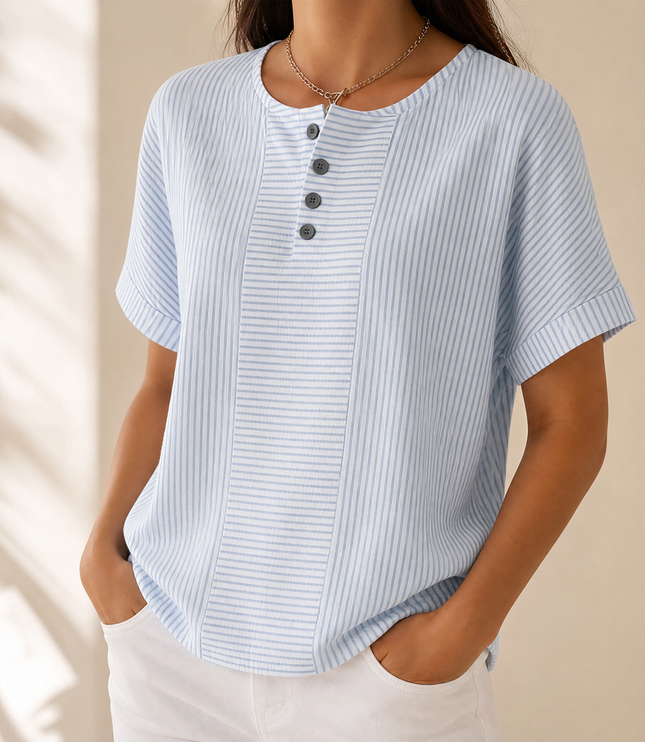Women's Striped Henley Top with Short Sleeve Cuffs
