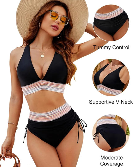 Black halter bikini with rainbow striped band, control bottoms detail view