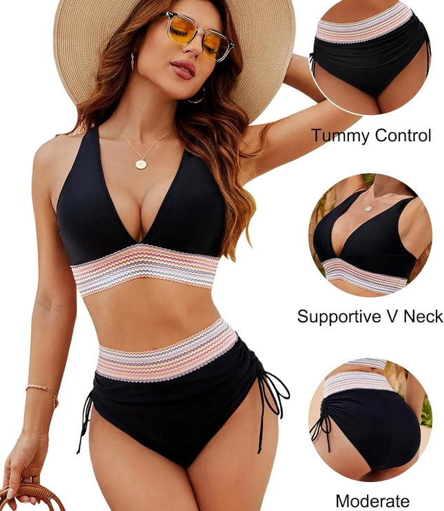 Black halter bikini with rainbow striped band, control bottoms detail view