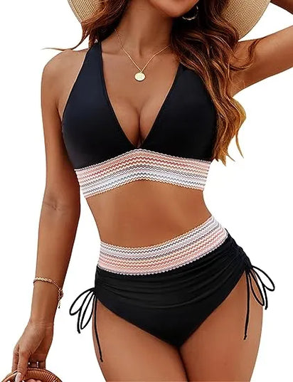Black halter v-neck bikini top with colorful striped band, supportive fit
