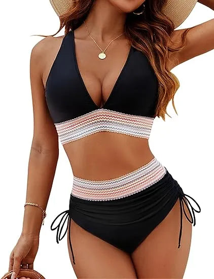 Black halter v-neck bikini top with colorful striped band, supportive fit