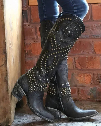 Women's Studded Western Knee-High Boots with Pointed Toe