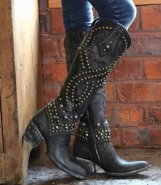 Women's Studded Western Knee-High Boots with Pointed Toe