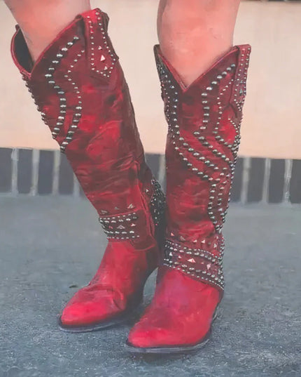 Women's Studded Western Knee-High Boots with Pointed Toe
