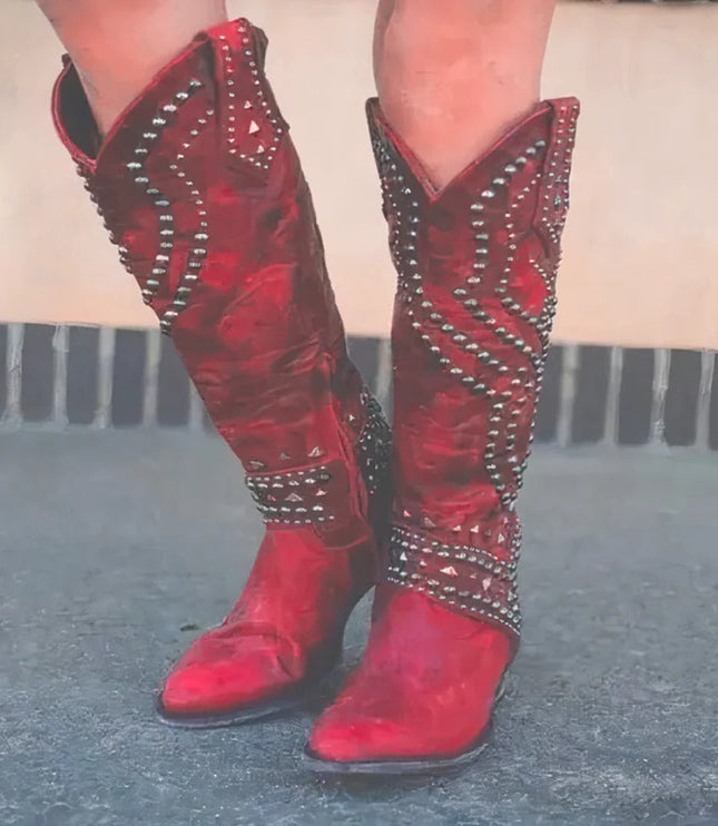 Women's Studded Western Knee-High Boots with Pointed Toe