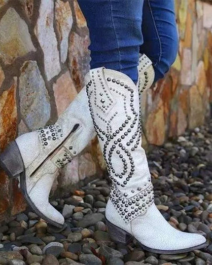 Women's Studded Western Knee-High Boots with Pointed Toe