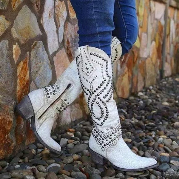 Women's Studded Western Knee-High Boots with Pointed Toe